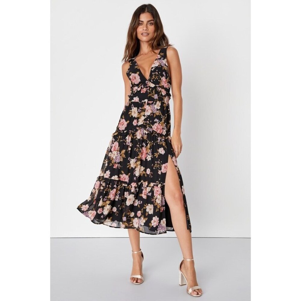 Lulus Confidently Sweet Black Floral Ruffled Backless Midi Dress - Size XS